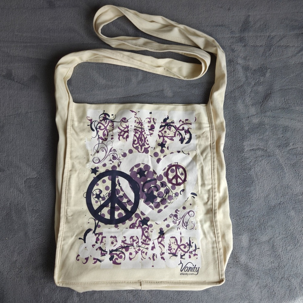 Vtg Vanity Women Love & Peace Graphic Tote Bag Crossbody Cream 100% Cotton